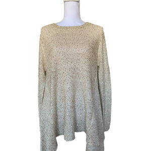 John Fashion Sweater Top Gold Sequin Long Sleeve Open Knit Sharkbite Sz L NEW